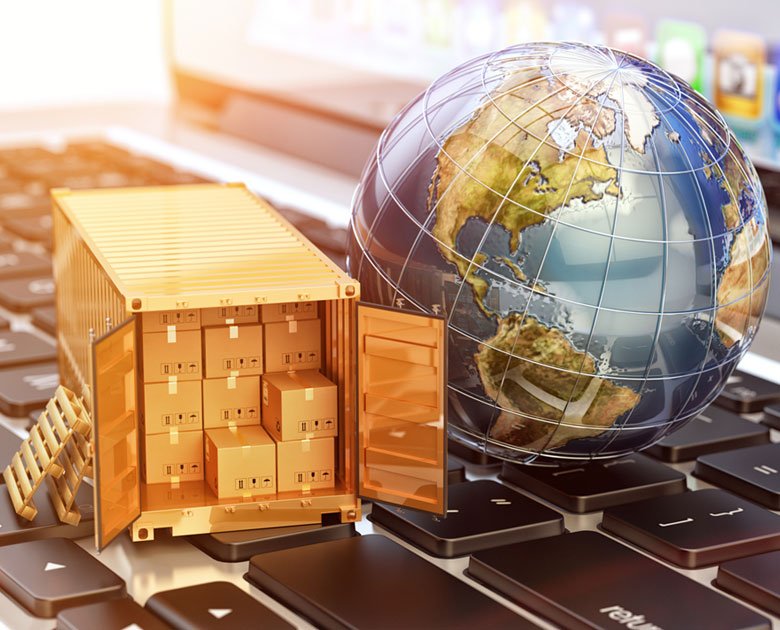 Contenedor de cajas empaquetadas  explicando la expansión por todo el mundo